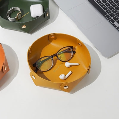 Vide-poche-cuir-rond-jaune-ecouteurs-lunettes