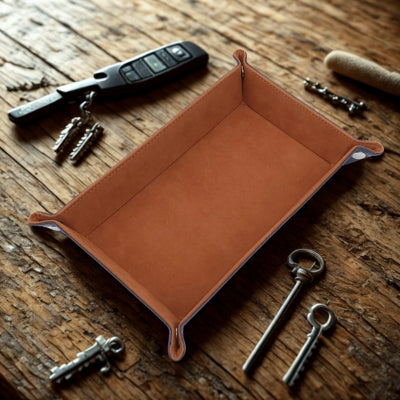 vide poches marron sur table bois avec clés