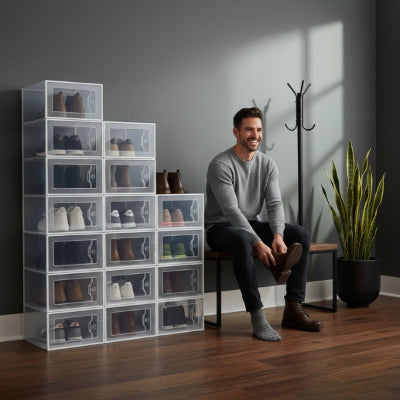 homme souriant met ses chaussures dans entrée maison