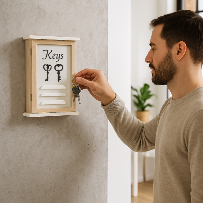 homme range trousseau clés dans boite murale