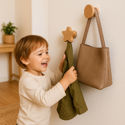 enfant garçon accroche veste sur patère en bois forme étoile