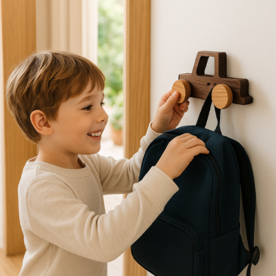 petit garçon accroche sac sur patere murale bois forme voiture