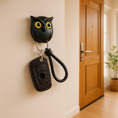 porte clé mural hibou noir fixé sur mur entrée maison