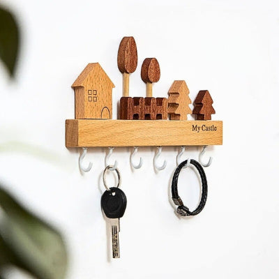 clé accrochée porte clés mural bois maison arbres