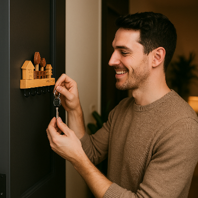 homme souriant range clés sur porte clés mural paysage bois