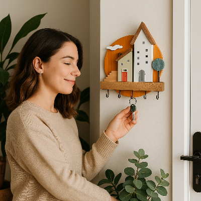 femme range trousseau clés sur porte cle mural forme maison