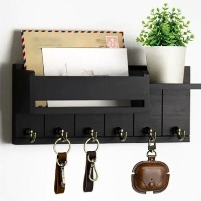 Porte-clé-mural-noir-courrier-plante-verte