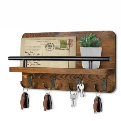 Porte-clé-mural-bois-clair-barre-métal-crochets