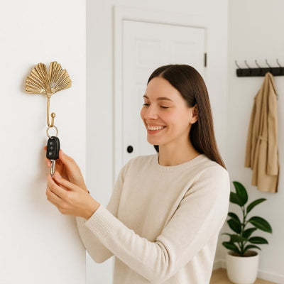 femme souriante accroche clés porte clef mural feuille ginkgo biloba