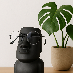 lunettes posées sur portant figurine moai noir