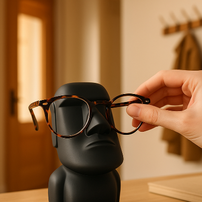 main qui prend une paire de lunette sur portant figurine