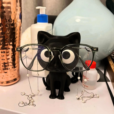 lunettes posées sur porte lunettes figurine chat noir