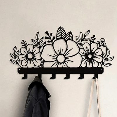 porte-manteau-mural-design-fleurs-métal-noir
