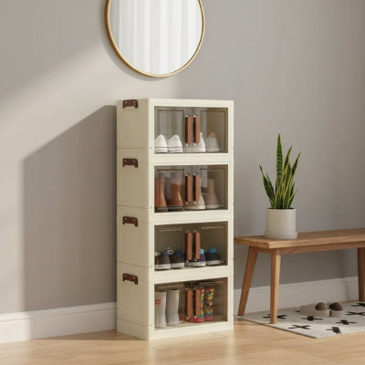 rangement chaussures boite quatre étages miroir rond plante verte