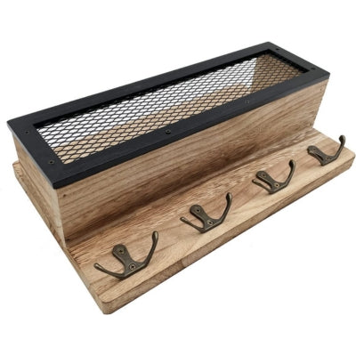 Porte-cles-mural-bois-grillage-noir-crochets