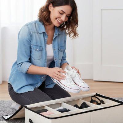 femme souriante range chaussures dans boite tissu