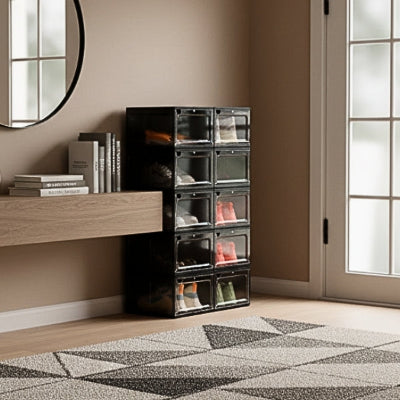 boite a chaussure noir empilées entrée maison tapis moderne