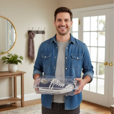 homme souriant tient dans mains boite chaussure transparente