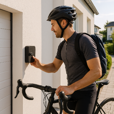 cycliste devant garage ouvre boite a cle a code 