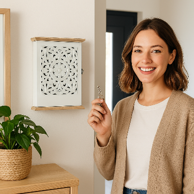 femme souriante avec trousseau clés à côté boite a cle