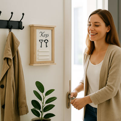 femme souriante entre dans maison
