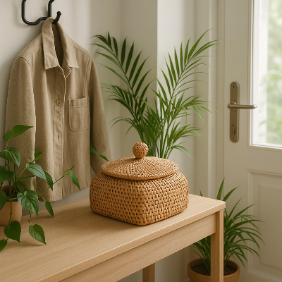 boite rangement clé rotin sur commode entrée