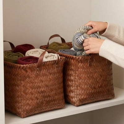 main range écharpe dans panier de rangement bambou tressé