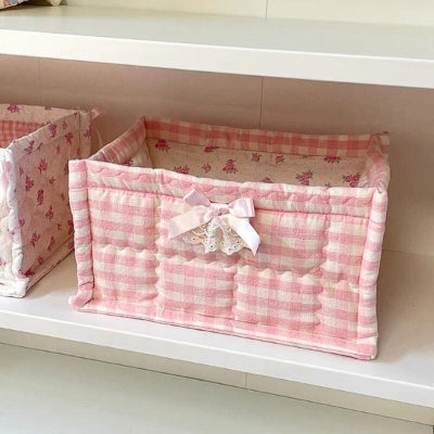 panier de rangement  coton matelasse rose imprimé vichy