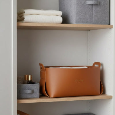 panier de rangement cuir coloris camel