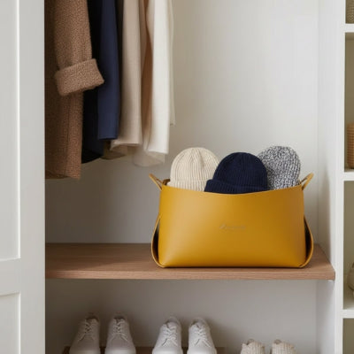 panier de rangement cuir coloris jaune moutarde