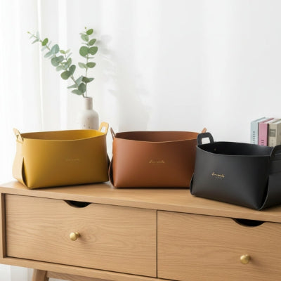 panier de rangement cuir plusieurs coloris commode bois eucalyptus