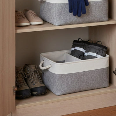 panier de rangement lin poignées corde gris blanc