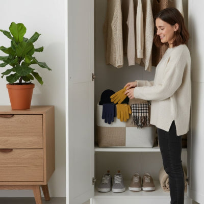 femme souriante range gants dans panier bi couleur lin