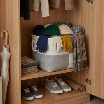 panier rangement lin naturel dans placard entrée couleur bois