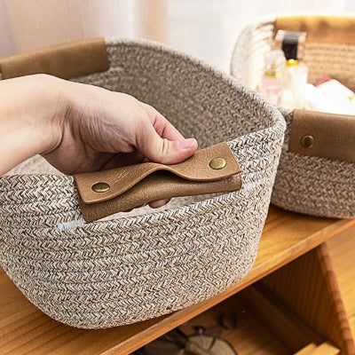 main tient poignée cuir panier rangement corde tissée