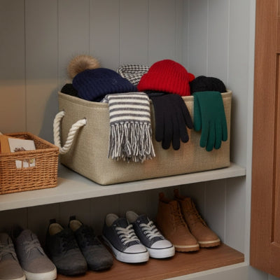 gants bonnets rangés dans panier rangement coton dans placard entrée