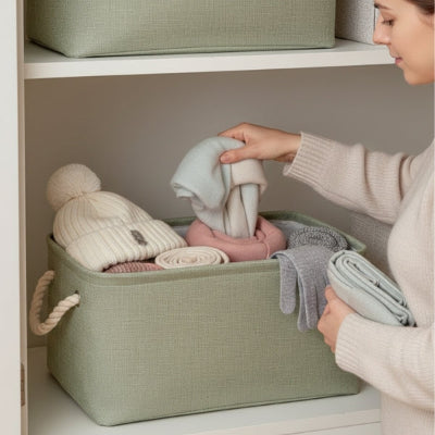 femme range écharpe dans panier rangement coton