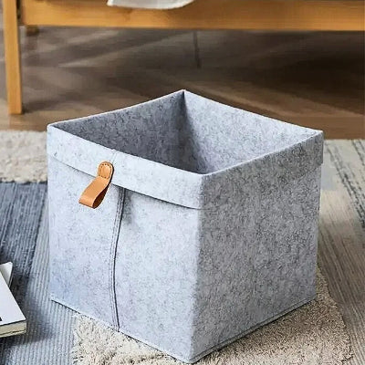 panier rangement feutre gris clair carré poignée simili cuir marron