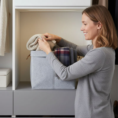 femme souriante range écharpe dans panier rangement feutre gris carré