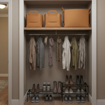 placard entrée avec panier rangement feutre camel