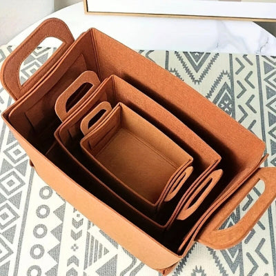 panier rangement feutre pliable coloris camel trois dimensions empilés