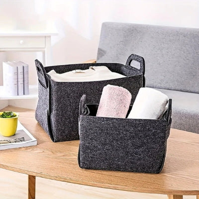 paniers rangement feutre gris table basse bois pot jaune plante