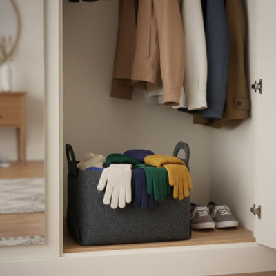 gants dans panier rangement feutre gris dans placard entrée blanc