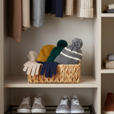 gants bonnets rangés dans panier rangement jacinthe eau naturel