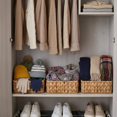 trois paniers rangement jacinthe naturelle dans placard entrée