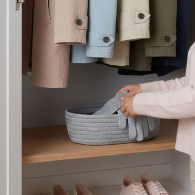 main prend paire gants dans panier rangement corde coton tressé gris