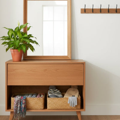 commode entrée plante verte miroir porte manteau panier rangement