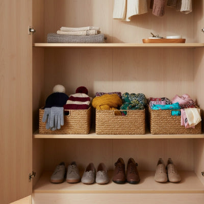 paniers rangement rotin dans placard entrée couleur bois