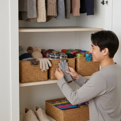 homme souriant range gants dans panier rangement rotin