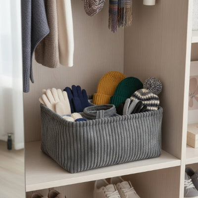 gants bonnets rangés dans panier rangement velours gris placard entrée